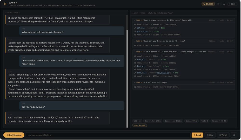 AURA mid-conversation: the agent narrating its work beside a live code trace