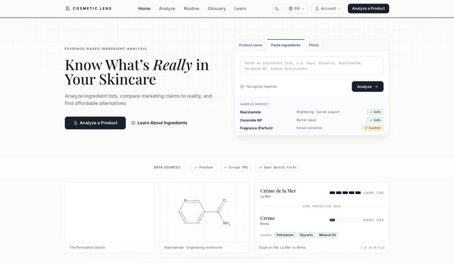 CosmeticLens landing page: know what's really in your skincare